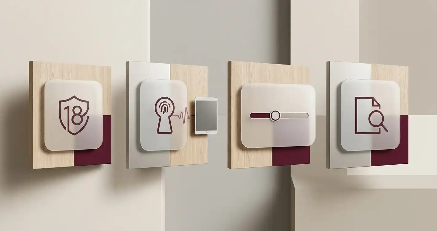 Neutral illustration af dansk konto-flow med 18+, MitID, indbetalingsgrænse og KYC