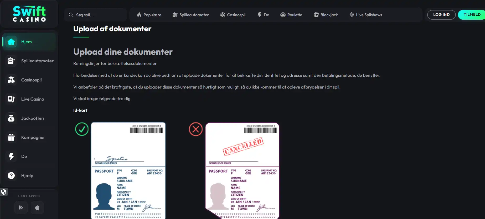 Swift Casinos officielle side med vejledning om upload af verificeringsdokumenter