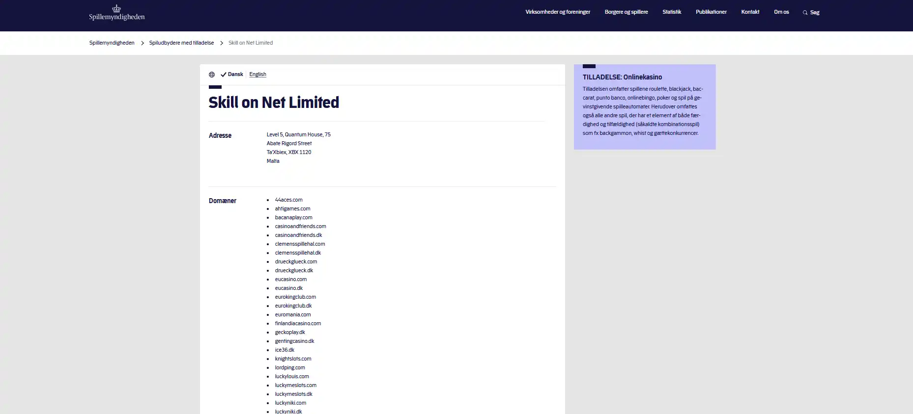 Spillemyndighedens registerpost for Skill on Net Limited med swiftcasino.com
