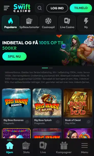 Swift Casinos danske mobilside med App Store og Google Play-links