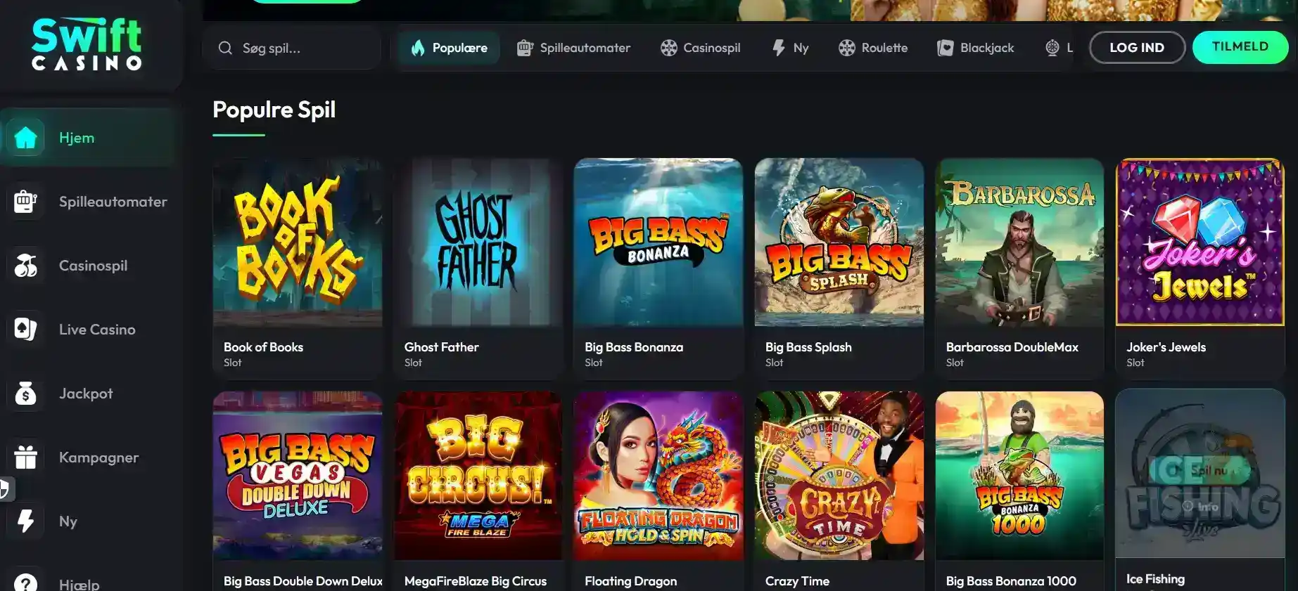 Swift Casinos aktuelle danske spillobby med casinokategorier