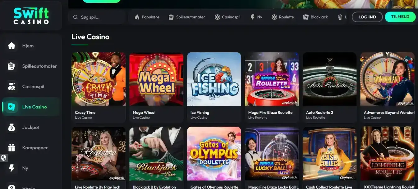 Swift Casinos aktuelle danske live casino-side eller live-lobby