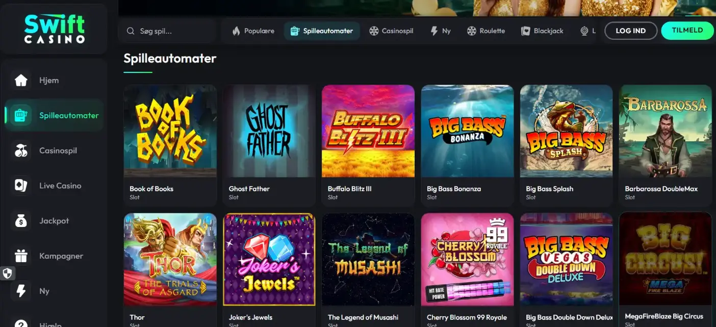 Swift Casinos aktuelle danske spilleautomat-kategori med synlige spilkort