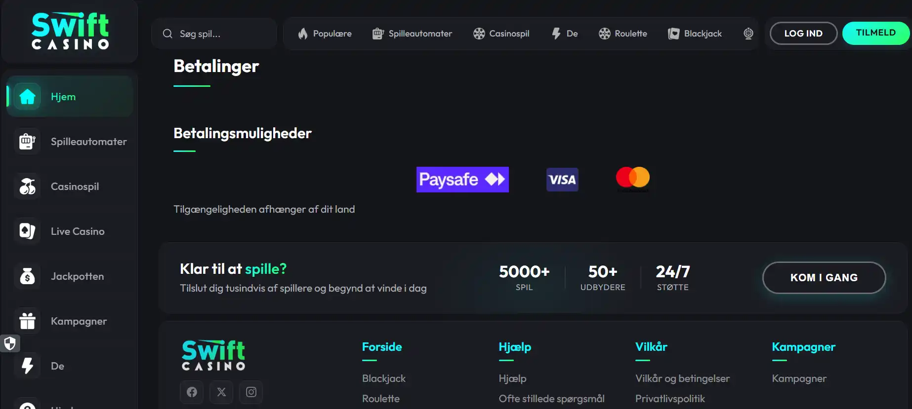 Swift Casinos aktuelle betalingsoversigt for en dansk konto